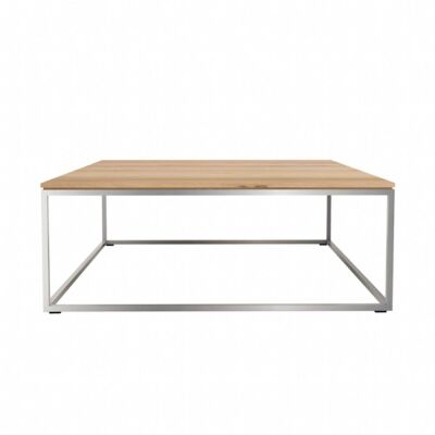 Ethnicraft Oak Thin Coffee Table, Natural Timber Top, Stainless Steel Frame