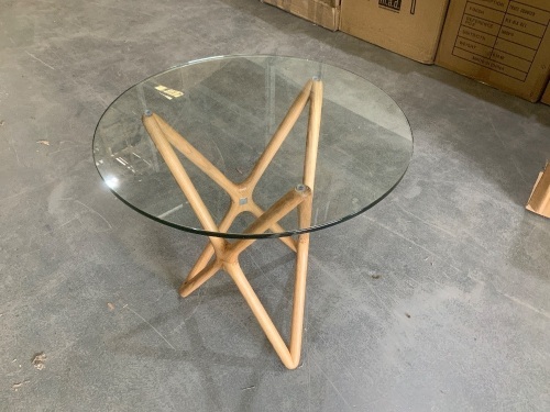 Round Side Table, Sean Dix Design, Timber Frame, White Oak Natural, with 540mm Dia Glass Top, 10mm Thick