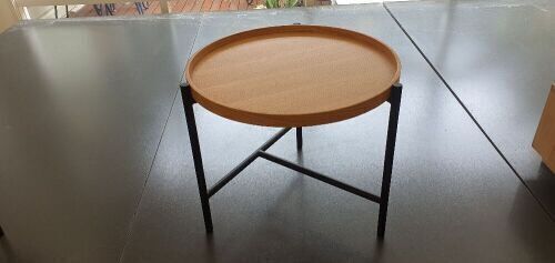 Won Coffee Table, Oak Timber Top with Black Steel Cross Frame, 500 Dia x 430mm H
