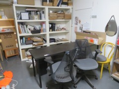 Black Desk & 2 x Pedestals, 3 x Chairs 2 with Arm Rests, 2 x Bookcases & Contents, 1 x Concrete Style Bench