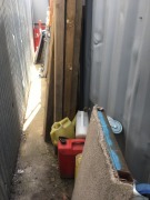 Contents of Corridor beside Container against building comprising; Road Signs; Safety Bollards, Flat Trolleys; 2 x Rolls of Mesh; Timber - 3