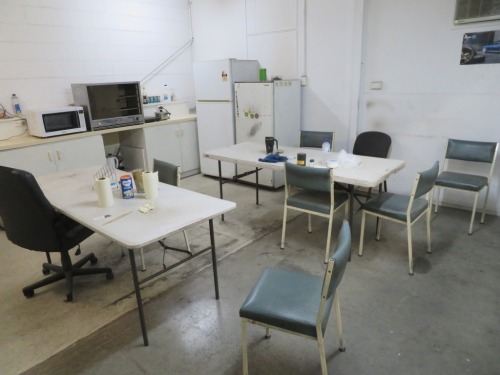 Contents of Lunch Room comprising; 2 x Refrigerators; Pie Urn; Microwave; Sandwich Maker; 2 x Tables; 8 x Assorted Chairs