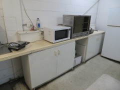 Contents of Lunch Room comprising; 2 x Refrigerators; Pie Urn; Microwave; Sandwich Maker; 2 x Tables; 8 x Assorted Chairs - 2
