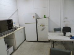 Contents of Lunch Room comprising; 2 x Refrigerators; Pie Urn; Microwave; Sandwich Maker; 2 x Tables; 8 x Assorted Chairs - 3