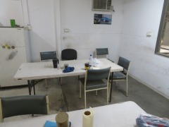 Contents of Lunch Room comprising; 2 x Refrigerators; Pie Urn; Microwave; Sandwich Maker; 2 x Tables; 8 x Assorted Chairs - 4