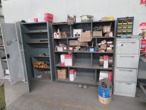 2 x Cabinets; Timber Shelf Unit & 4 Drawer Filing Cabinet with Welding Consumables