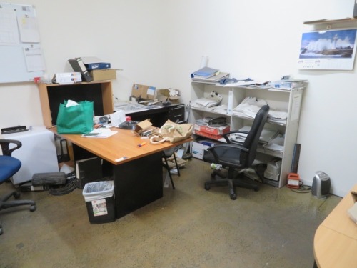 Contents of Office including 3 x Office Desks; 3 x Mobile Pedestals; 1 x Plan Table; 3 x Chairs