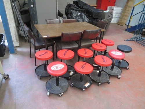 stools, table, kitchen chairs, whiteboard