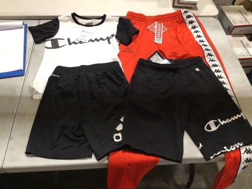 1x XS red Kappa pants 1x youth adidas shorts black 1x youth champion black shorts 1 x youth champion shirt black and white