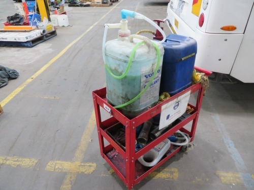 Steel 3 Tier Service Trolley with Part 20 Ltr Drums of Oil & Coolant
