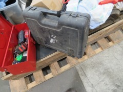 Pallet containing assorted items including Tool Box, Drill Set - 4