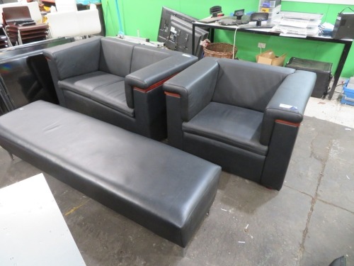 Black Vinyl 2 Seater Couch & Arm Chair with 2 Seater Bench Seat