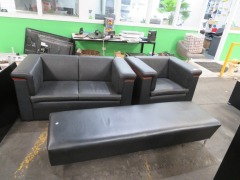 Black Vinyl 2 Seater Couch & Arm Chair with 2 Seater Bench Seat - 2