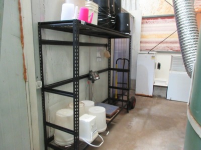 Contingency for assorted plastic buckets, Adjustable shelving unit & Storage Cupboard