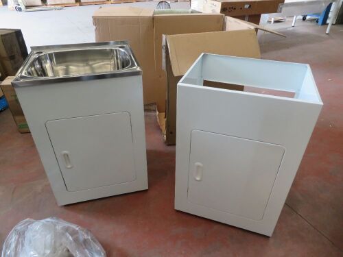 Laundry Sink with Stainless Steel Sink, White Powder Coated Cabinet with Additional White Cabinet