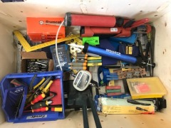 Box of assorted tools, general hand tools, drill bits, router bits, tap & die set, Allan keys & sundry items