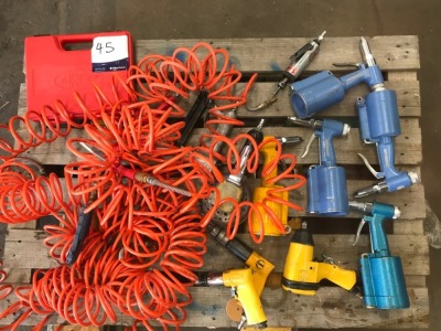 Pallet of Assorted Air Tools and Air Line