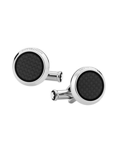 Montblanc Cufflinks, round in stainless steel with carbon-patterned inlay 124295