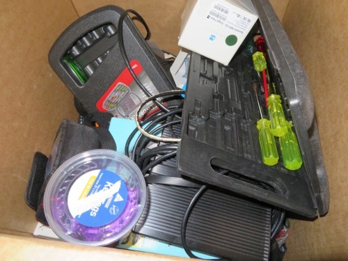 Pallet containing box of assorted tools & electrical fittings