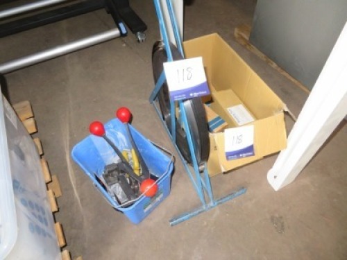 Roll of steel pallet strapping, tools & clips