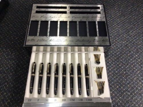 8x Montblanc Meisterst&uuml;ck 18k Gold Tester Fountain Tester Pens 115383 in Unique Display Case with Enlarged Nibs
