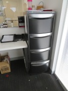 Contents of Office including;4 x Desks, Metal framed with White Tops - 1400 x 600mm1 x Filing Cabinet, 4 Drawer3 x Chairs - 6