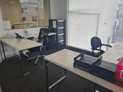 Contents of Office including;4 x Desks, Metal framed with White Tops - 1400 x 600mm1 x Filing Cabinet, 4 Drawer3 x Chairs
