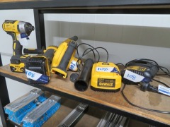 DeWalt Cordless Tools comprising; 125mm Grinder, Cordless Compact Blower Skin, Charger, DCB115-XE, Charger, DC310-XE, Impact Driver, DCF887