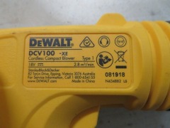 DeWalt Cordless Tools comprising; 125mm Grinder, Cordless Compact Blower Skin, Charger, DCB115-XE, Charger, DC310-XE, Impact Driver, DCF887 - 7
