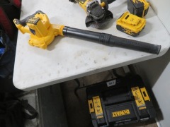 DeWalt Cordless Tools comprising; 125mm Grinder, Cordless Compact Blower Skin, Charger, DCB115-XE, Charger, DC310-XE, Impact Driver, DCF887 - 8