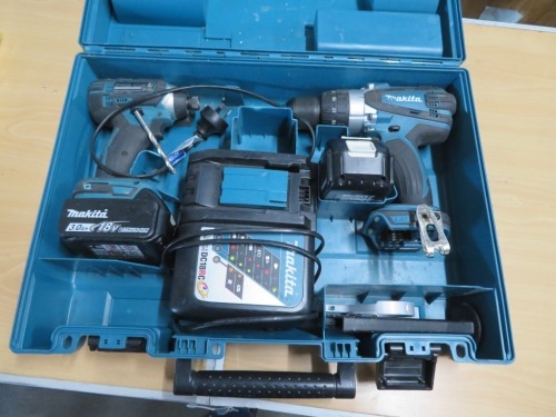 Makita 18 Volt Tool Kit comprising;
1 x Impact Driver, DTD152
1 x Drill, HP457D
2 x 3.0AH Batteries