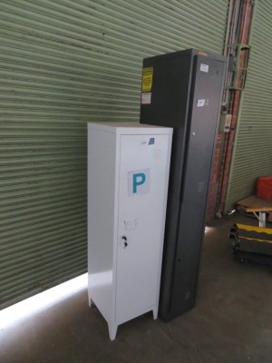 2 x Metal Lockers, 1 380 x 380 x 130mm H & 1 x 450 x 310 x 1800mm H