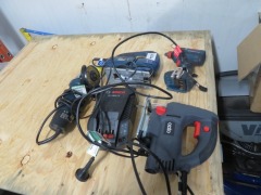 Box containing Bosch Impact Driver, GDX18V-EC, XUI Grinder, 100mm, Ryobi Jigsaw, EJS500LL, Ozito Jigsaw