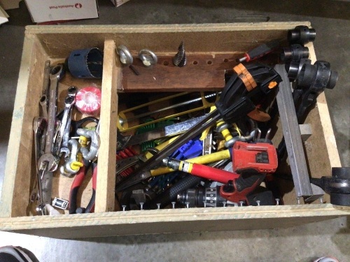 Large Wooden Box with Assorted Tool