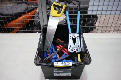 Allowance for Black Storage Tub containing quantity of Hand Tools including: Bolt Cutters , Cutters, Tin Snips, Multigrip, Crimping Plyers
