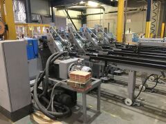 Make an offer - 2007 MULLER MARTINI Prima 6 Station SADDLE STITCHER with stream feeders and Pratico Stacker, blue, no cover feeder. Demag Overhead log crane. - 2