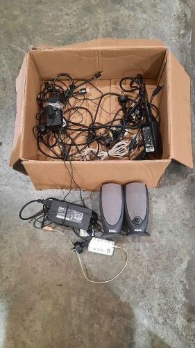 Assorted box; Dell A215 speakers, Shintaro digital camera card reader, laptop chargers, HDMI cable and assorted cables