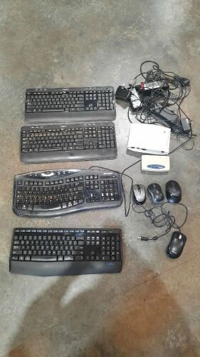 Bundle of 2x Logitech K520r keyboards, 1x Microsoft KU-0459 keyboard, 1x Logitech K345 keyboard, 4x assorted mice, 1x Adtran Total Access 234 2W/4W SHDSL router,  1x Netcomm NP2005HS ethernet switch, assorted chargers/cables
