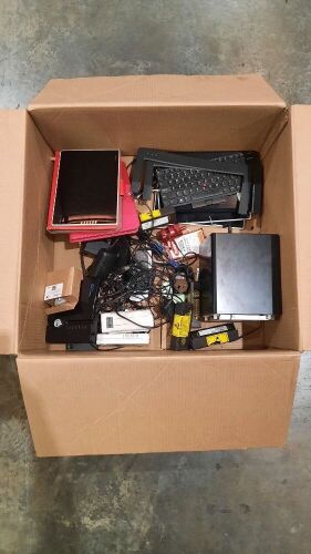 Mixed box - assorted tablets, cables, components, some marked as requiring repair
