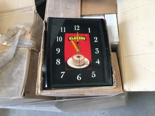 Pallet of Promotional Material including Clocks, Paper Cups, Spice Racks