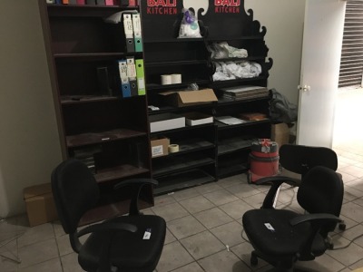 3 x Tables, 3 x Shelving Units, 2 x Office Chairs & Vacuum Cleaner