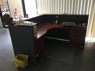 Reception Desk, Dark Cherry Laminate, 1800 x 1800mm, Matching Coffee Table, Bookcase & Filing Cabinet with Key