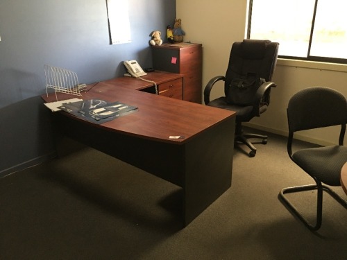 Office Furniture Suite comprising; Desk - 1800 x 1800mm; Filing Cabinet; Round Meeting Table; 2 x Bookcases; 2 x Chairs