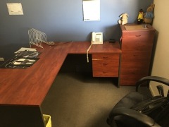 Office Furniture Suite comprising; Desk - 1800 x 1800mm; Filing Cabinet; Round Meeting Table; 2 x Bookcases; 2 x Chairs - 2