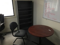 Office Furniture Suite comprising; Desk - 1800 x 1800mm; Filing Cabinet; Round Meeting Table; 2 x Bookcases; 2 x Chairs - 3