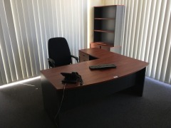 Office Furniture Suite comprising; Desk - 1800 x 1800mm; Filing Cabinet; Credenza/Bookcase; Round Meeting Table; 7 x assorted Chairs