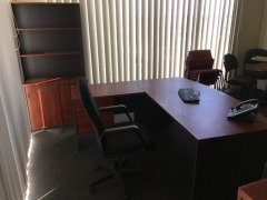 Office Furniture Suite comprising; Desk - 1800 x 1800mm; Filing Cabinet; Credenza/Bookcase; Round Meeting Table; 7 x assorted Chairs - 3