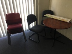 Office Furniture Suite comprising; Desk - 1800 x 1800mm; Filing Cabinet; Credenza/Bookcase; Round Meeting Table; 7 x assorted Chairs - 4