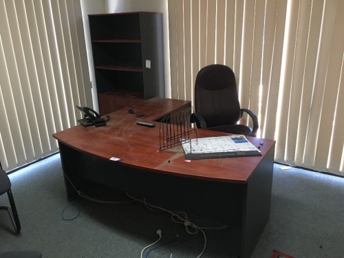 Office Furniture Suite comprising; Desk - 1800 x 1800mm; Filing Cabinet; Credenza/Bookcase; Round Meeting Table; 5 x assorted Chairs