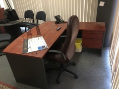 Office Furniture Suite comprising; Desk - 1800 x 1800mm; Filing Cabinet; Credenza/Bookcase; Round Meeting Table; 5 x assorted Chairs - 2